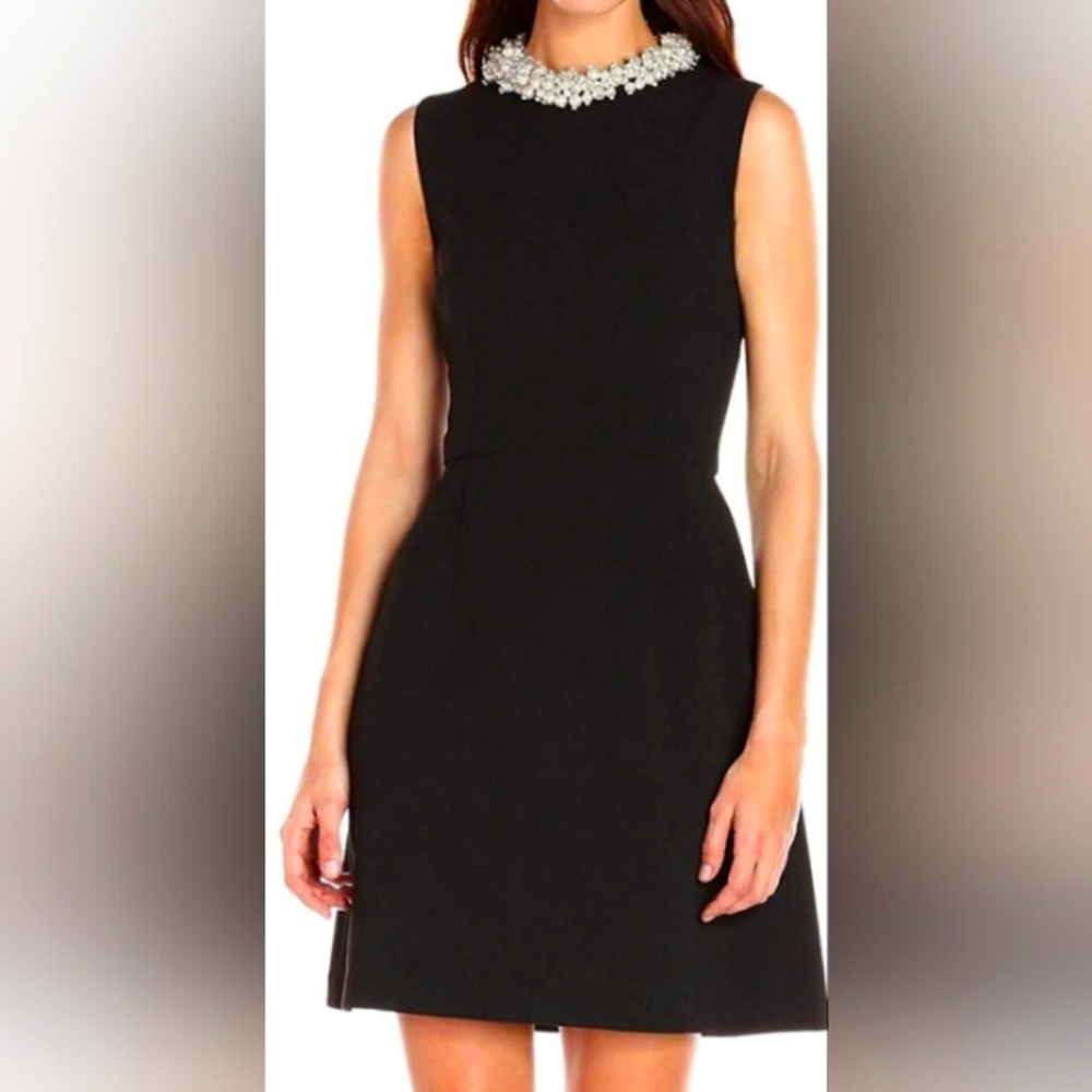 Betsey Johnson Black Scuba Crepe Sheath Dress with Pearl Collar, Size 6